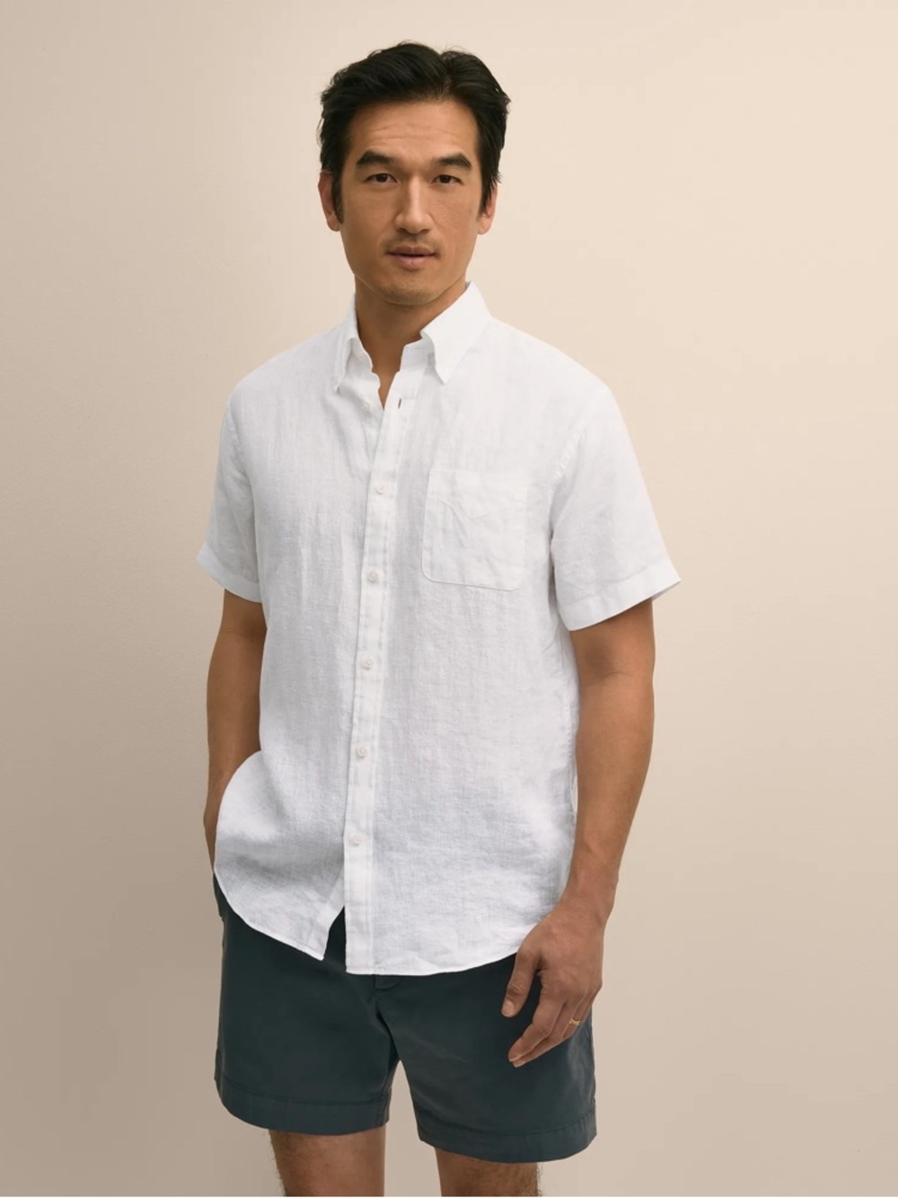 Brooks Brothers White Short-Sleeve Button-Down Linen Shirt